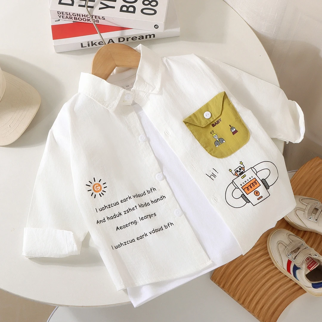 2025秋季儿童新款纯棉卡通印花洋气长袖衬衫男宝透气百搭小童衬衫