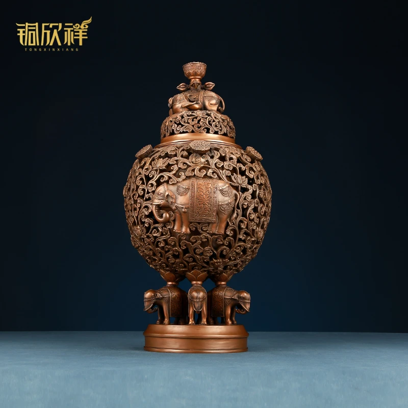 铜欣祥紫铜《圣象宝莲香炉》大号仿古炉家用香薰炉盘香禅意熏炉摆件