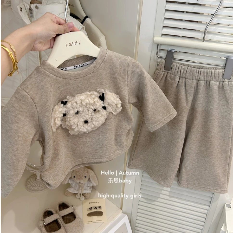 【乐恩童装】女童冬季洋气时髦咖色小狗加绒套装一体绒上衣阔腿裤