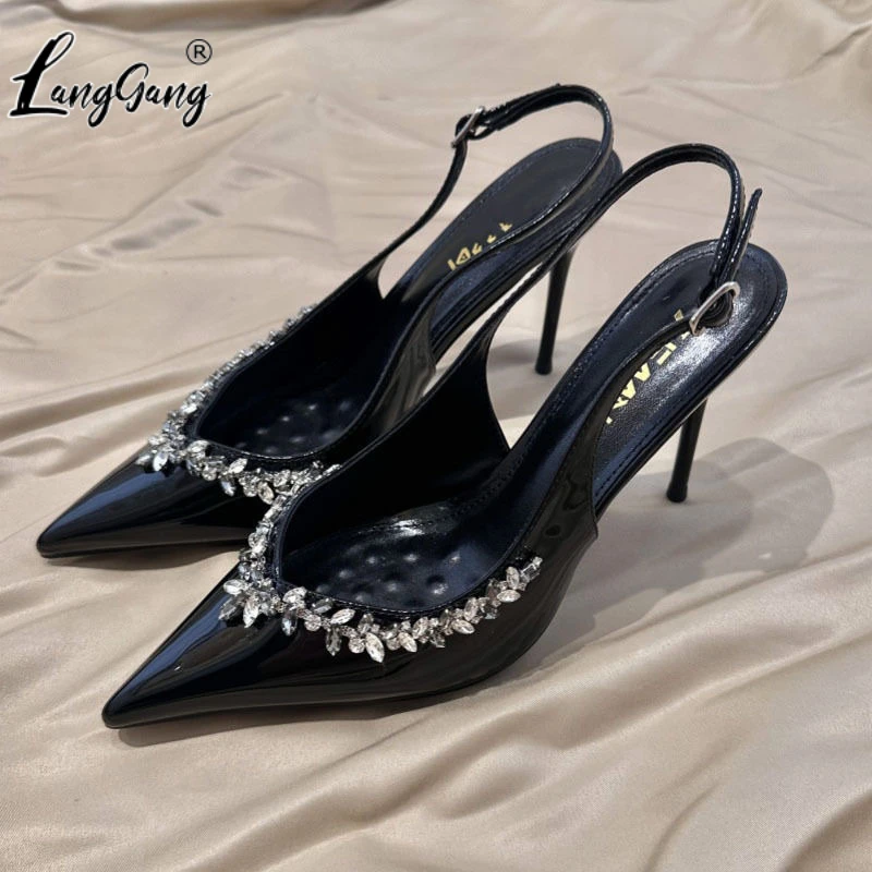 仙女晚晚风气质优雅水钻软底高跟鞋2025春夏季新款漆皮尖头细跟凉