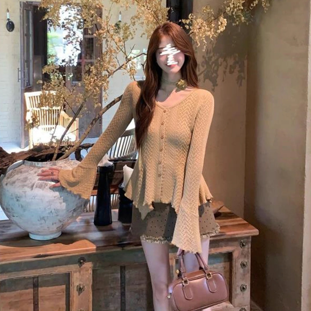 美拉德穿搭一整套高级感喇叭袖长袖连衣裙中两件套裤子套装