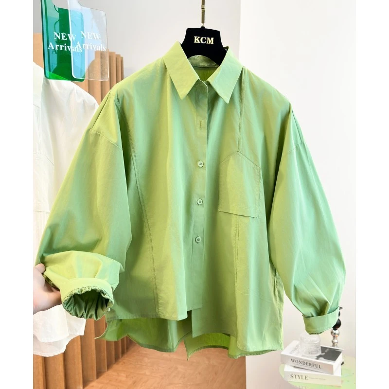 5119春季洋气棉布上衣设计感小众下摆规则后斜开叉纯色长袖衬衫女