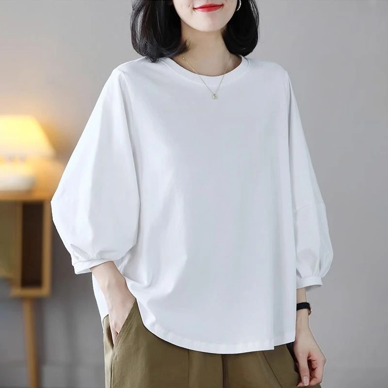 100%棉t恤女七分袖春季新款圆领宽松显瘦中袖体恤休闲短款减龄上