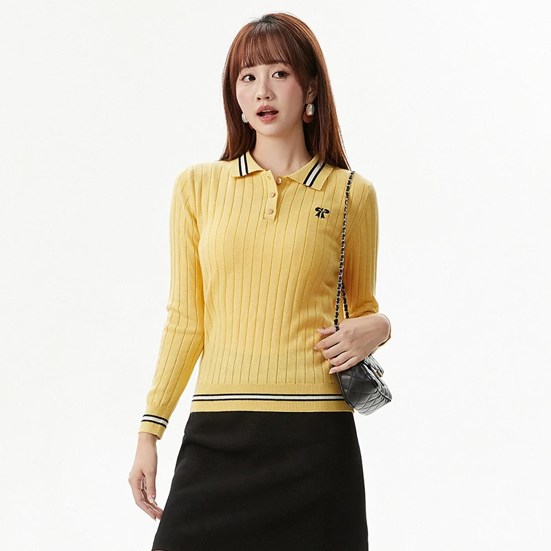 53HC0E0045拼色翻领长袖上衣可开扣针织衫女2025秋