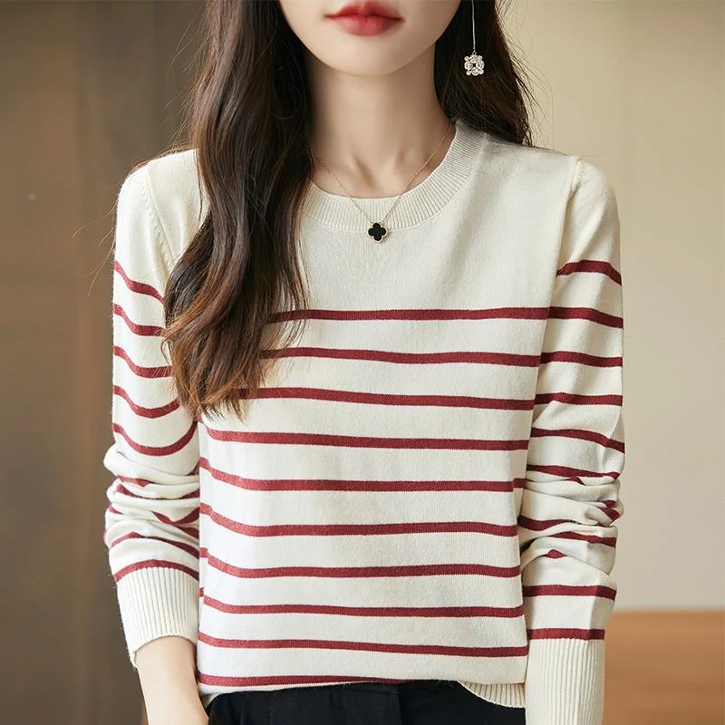 秋冬新款圆领长袖条纹针织衫女套头毛衣设计感小众内搭打底衫上衣