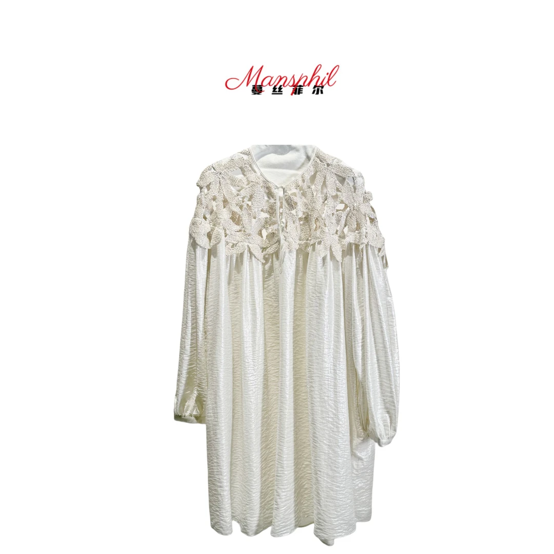 「琉光织梦」亚麻连衣裙薄款圆领镂空雕花简约富婆风气质百搭原创