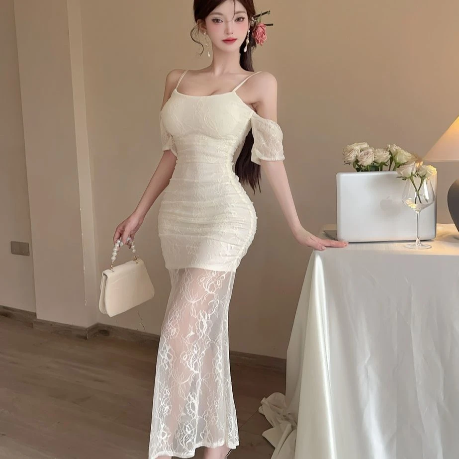 法式白色蕾丝新款吊带气质性感连衣裙名媛修身长裙鱼尾裙子礼服