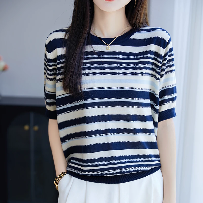 哥弟阿玛施正品夏季薄款针织圆领T恤女时尚条纹宽松百搭显瘦上衣