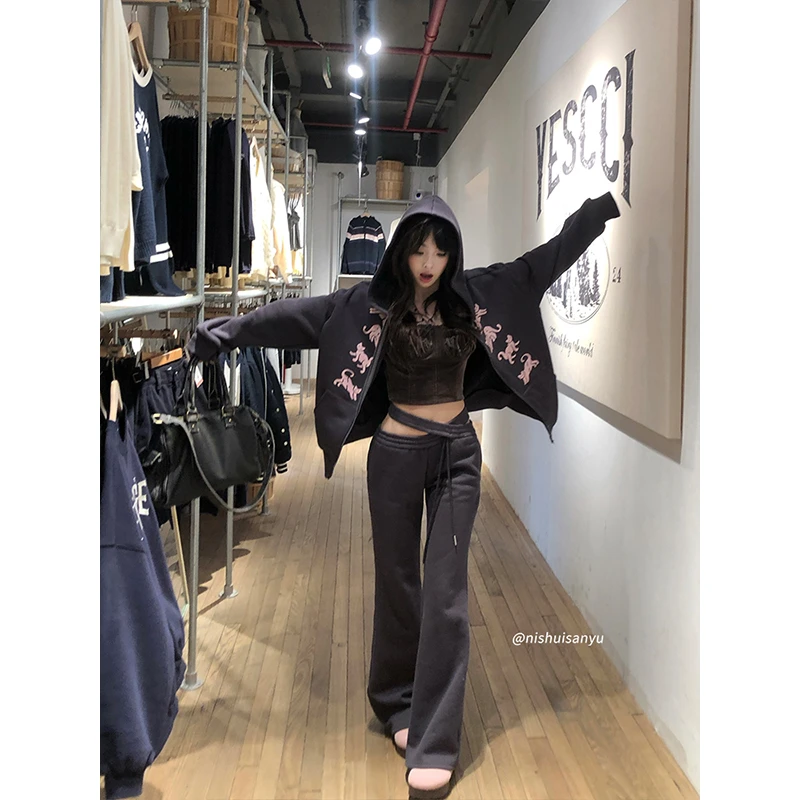 溺水三鱼【紫影猫步】美式休闲咖色套装秋冬甜酷风开衫卫衣微辣长裤