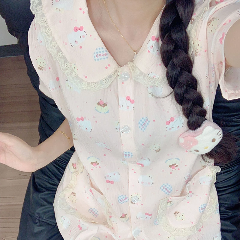 甜美风猫咪短袖睡衣女款夏季爆款娃娃领日系家居服女士套装可外穿
