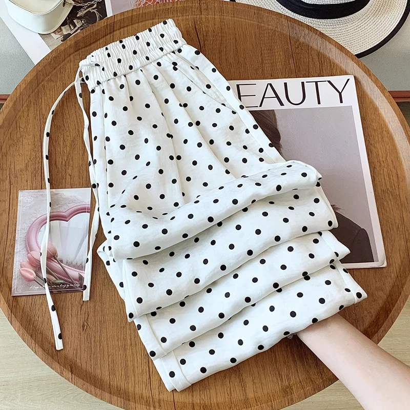 拉夏贝尔高级感碎花波点阔腿裤女2025夏季新款醋酸缎面慵懒直筒裤