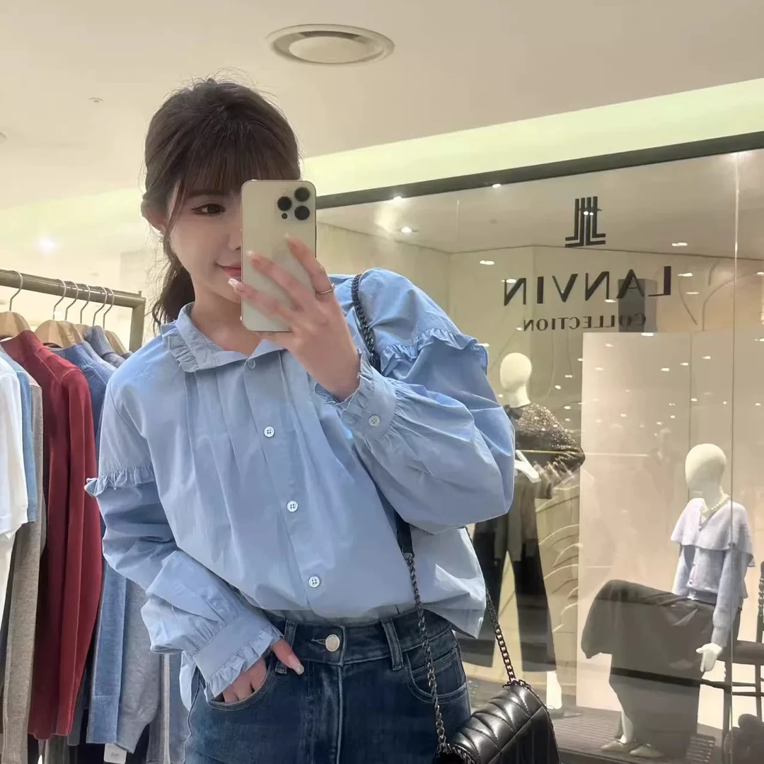 时尚气质精美长袖春款蓝色娃娃领荷叶边纯色春季百搭衬衫女