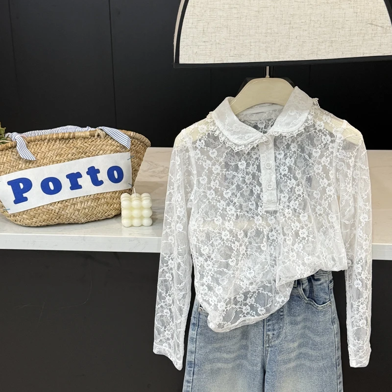 【现货】leomama女童蕾丝polo领镂空打底衫儿童高级感气质内搭长袖