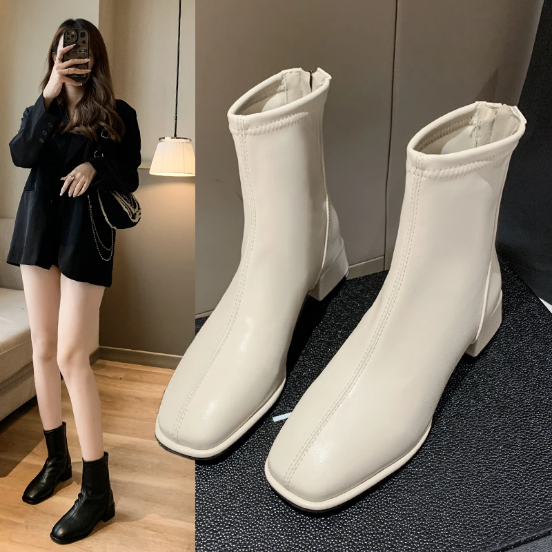 时尚气质短靴2025秋冬新款粗跟白色爆款百搭瘦瘦靴法式中跟马丁靴