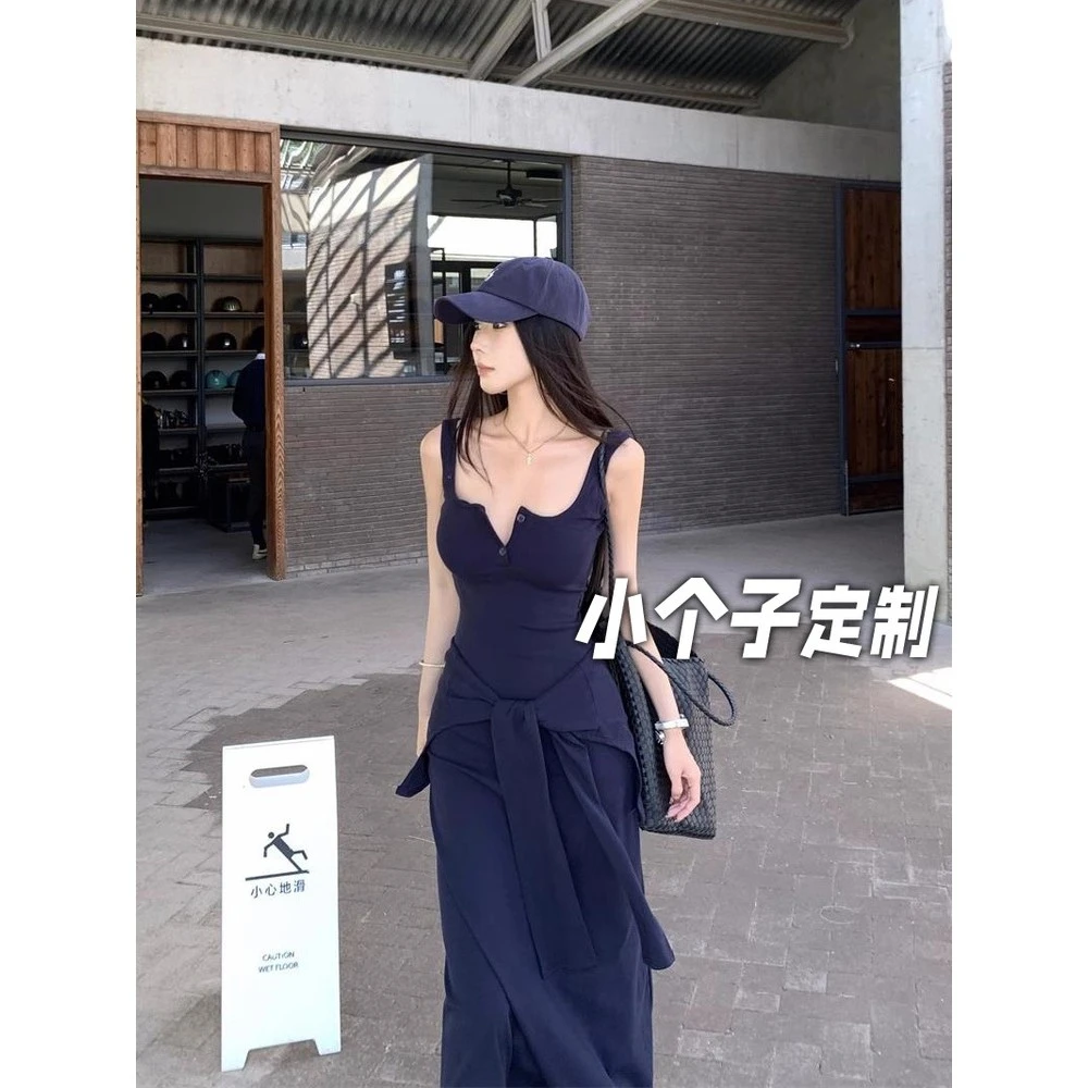 150小矮个子条纹背心法式连衣裙女夏绑带吊带裙收腰中长款包臀裙