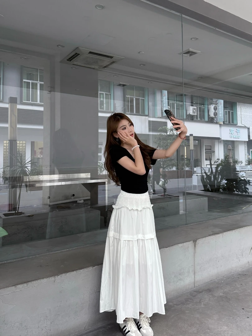 夏季bm显瘦温柔风白色A字蕾丝高腰半身裙（5）