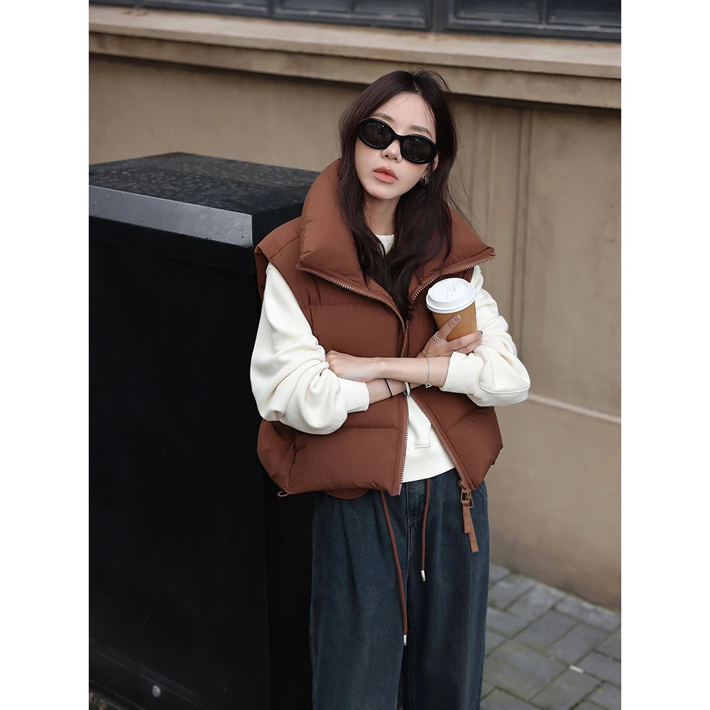 张贝贝ibell高度防绒立领廓形面包服女短款气质保暖羽绒马甲外套