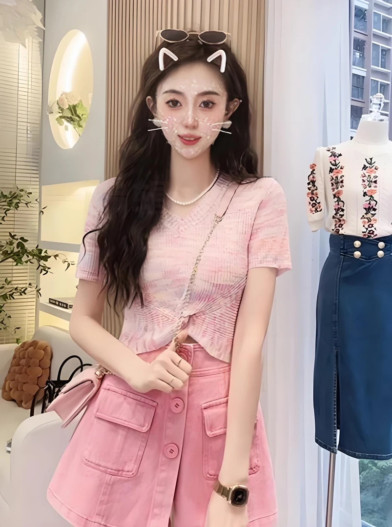 A198+A199甜美粉色针织衫夏季小众设计感扭结短款甜辣妹套装裤裙