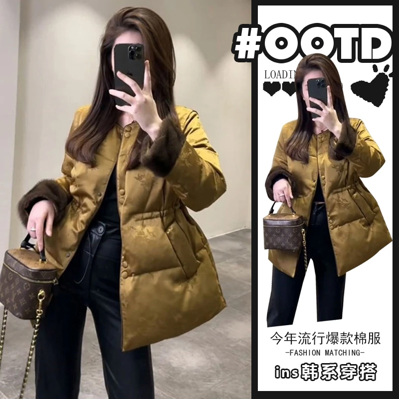 2024新款爆款冬季新中式国风黄色棉服外套女高级感唐装年轻款上衣