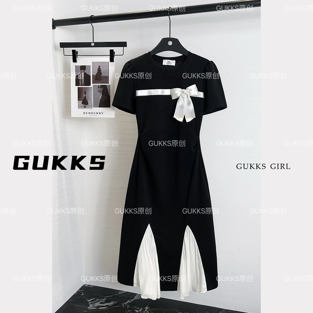 GUKKS拼接翻领短袖连衣裙夏季女装新款小个子收腰显瘦长裙GK510
