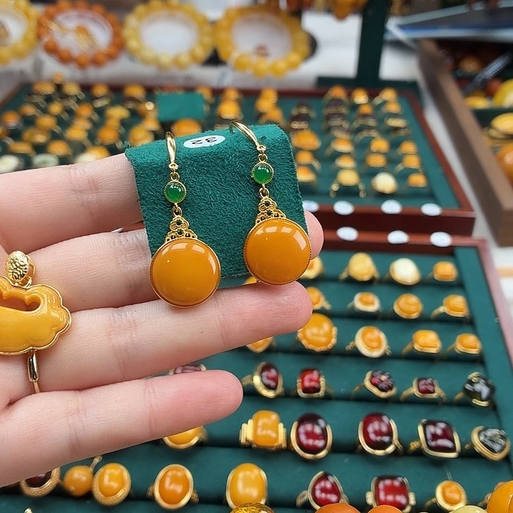 琥珀银S925镶嵌耳坠精品蜜蜡太阳圆耳钩