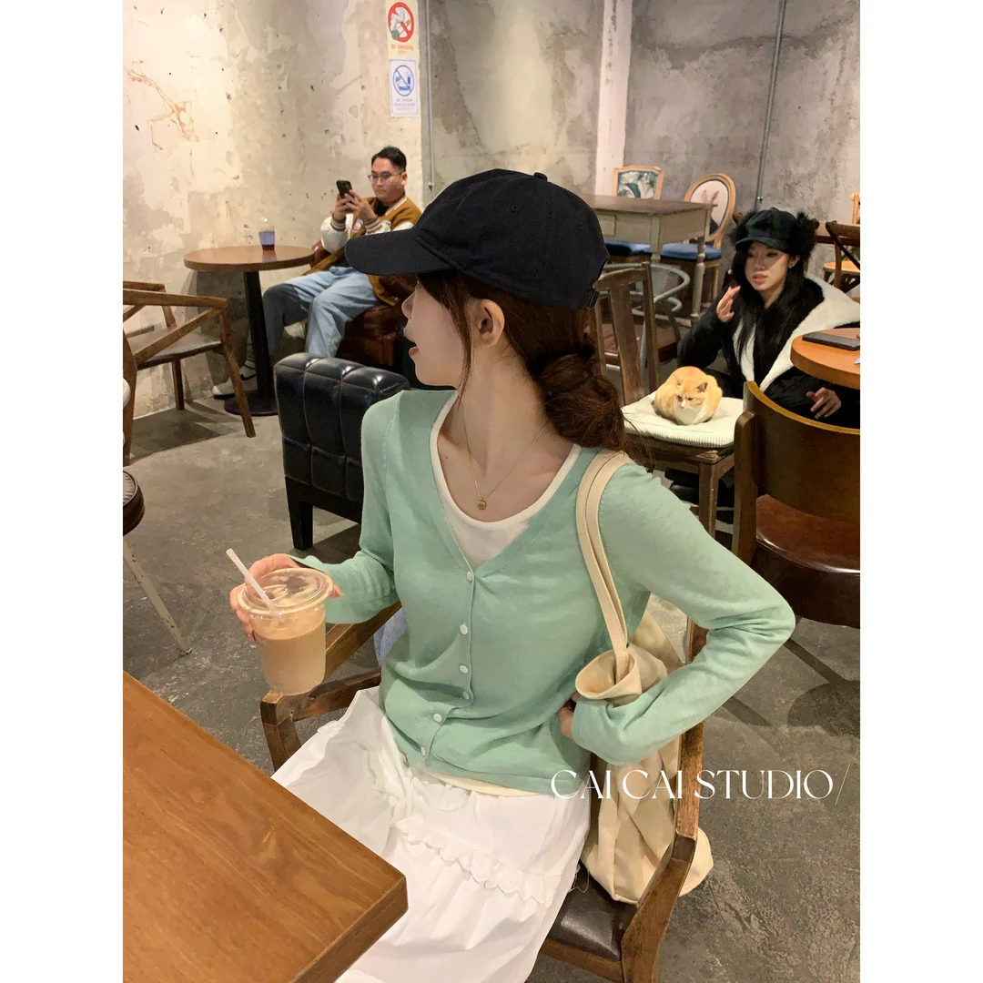 【C·Cai】假两件V领针织开衫温柔风薄款设计感041#修身显瘦长袖