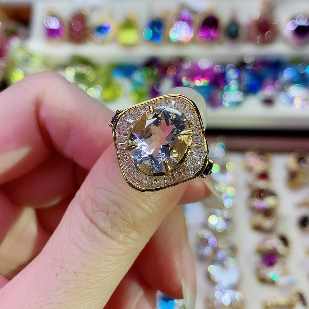 银S925镀金镶嵌戒指水晶
