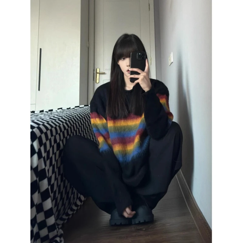 美式彩虹条纹撞色毛衣男冬季加厚费尔岛针织衫高级感软糯长袖上衣