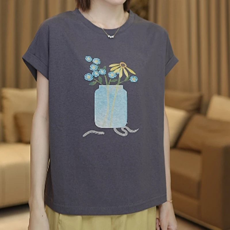 [竹节棉]87325夏季新款花瓶图案女装短袖T恤
