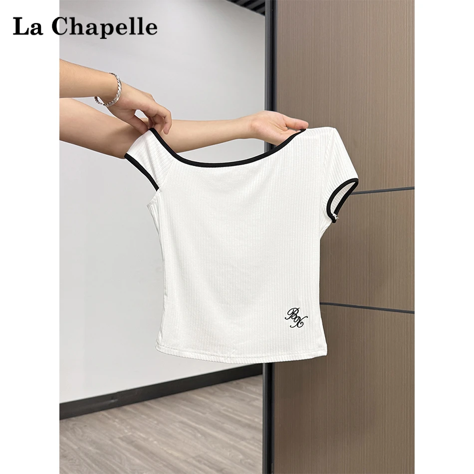 拉夏贝尔露肩撞色短袖T恤女2025年夏季短款刺绣斜领显瘦百搭上衣