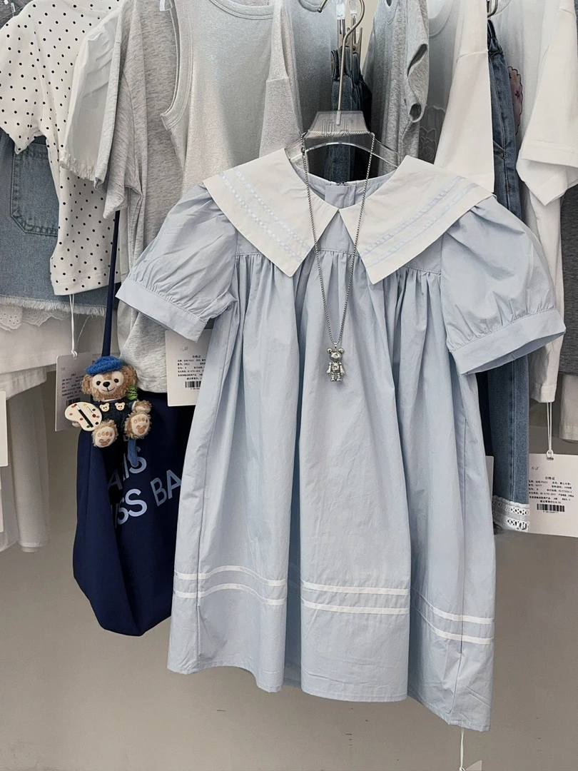 25夏季新品女童海军领连衣裙  中大童翻领气质泡泡袖连衣裙5741