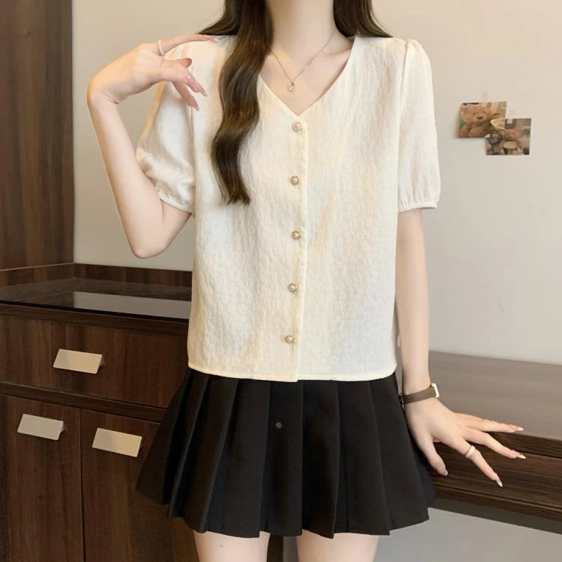 大码V领小香风提花短袖衬衫女夏季胖妹妹洋气时尚百搭显瘦漂亮小