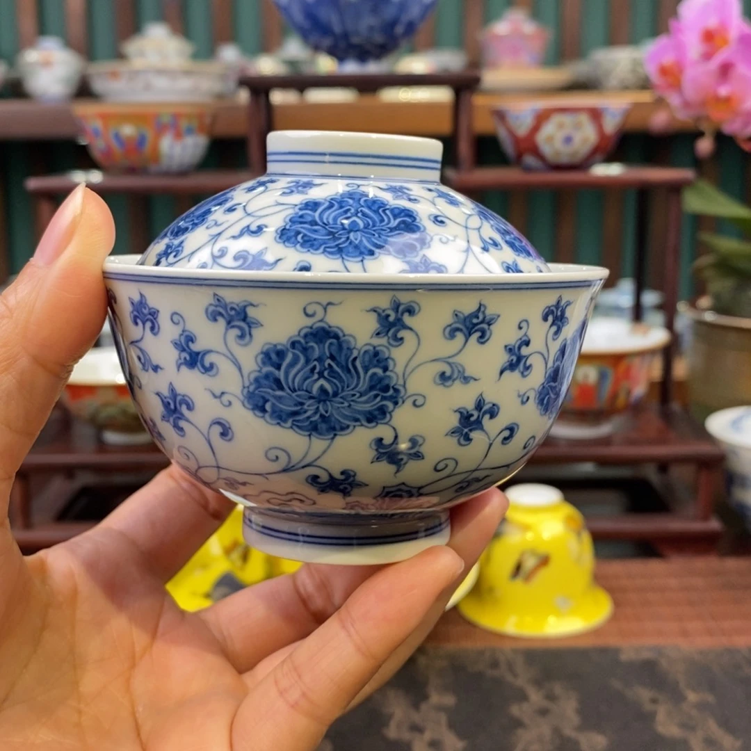 手工陶瓷柴窑成化海水牡丹盖碗