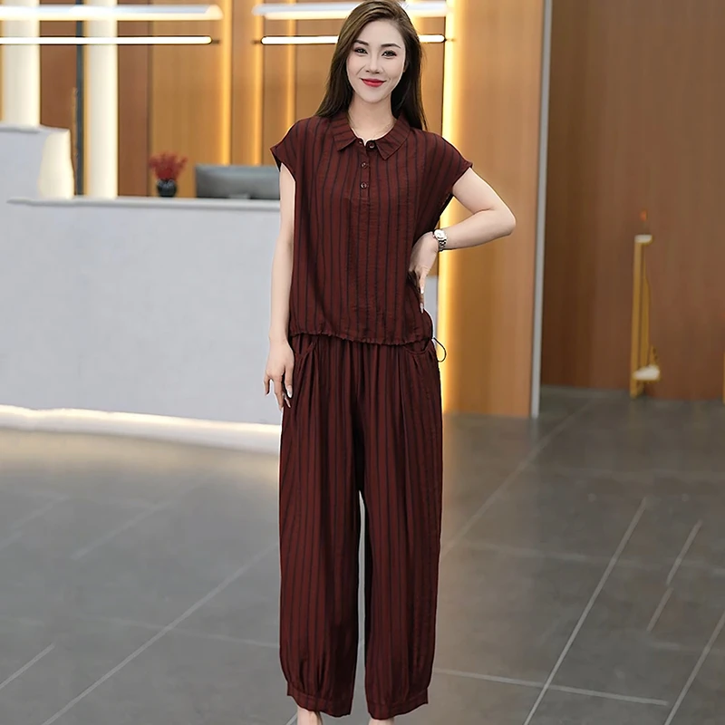 薄款大码宽松中老年女装POLO领两件套遮肚条纹时尚2025母亲节套装