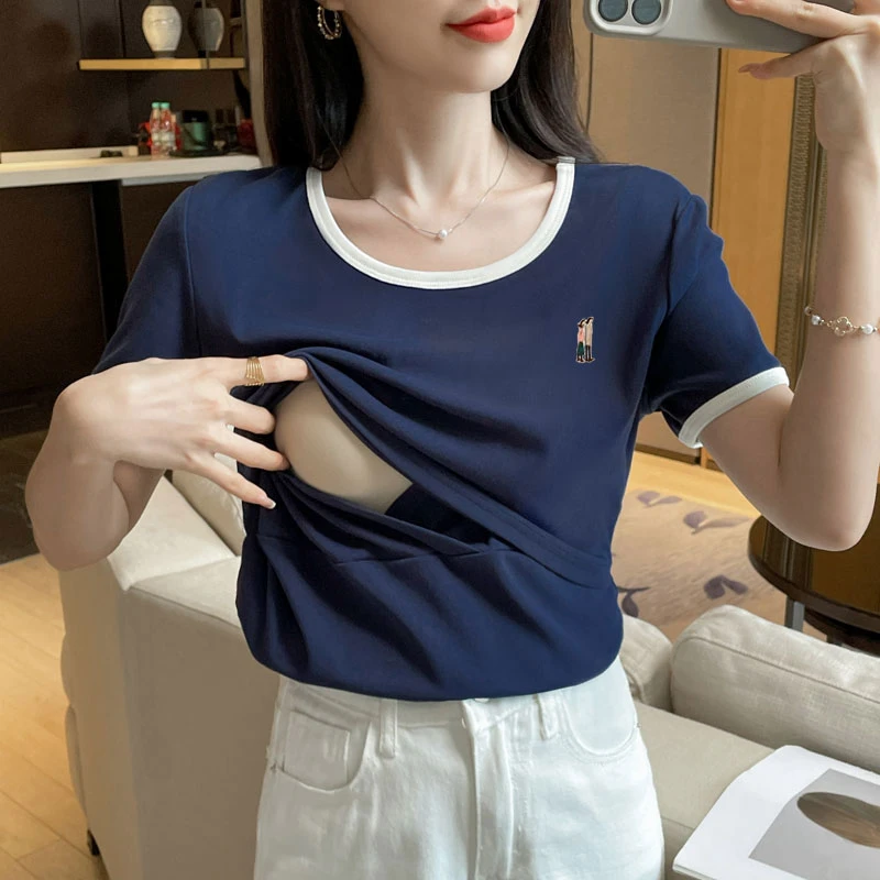 哺乳衣外出春夏新款潮妈百搭纯棉t恤上衣短袖条纹外穿产后喂奶衣