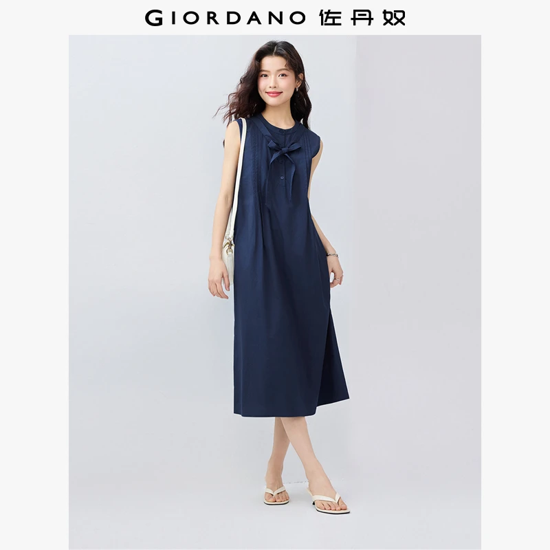 佐丹奴裙子女装夏季纯棉府绸绑带圆领梭织背心连衣裙 13465338