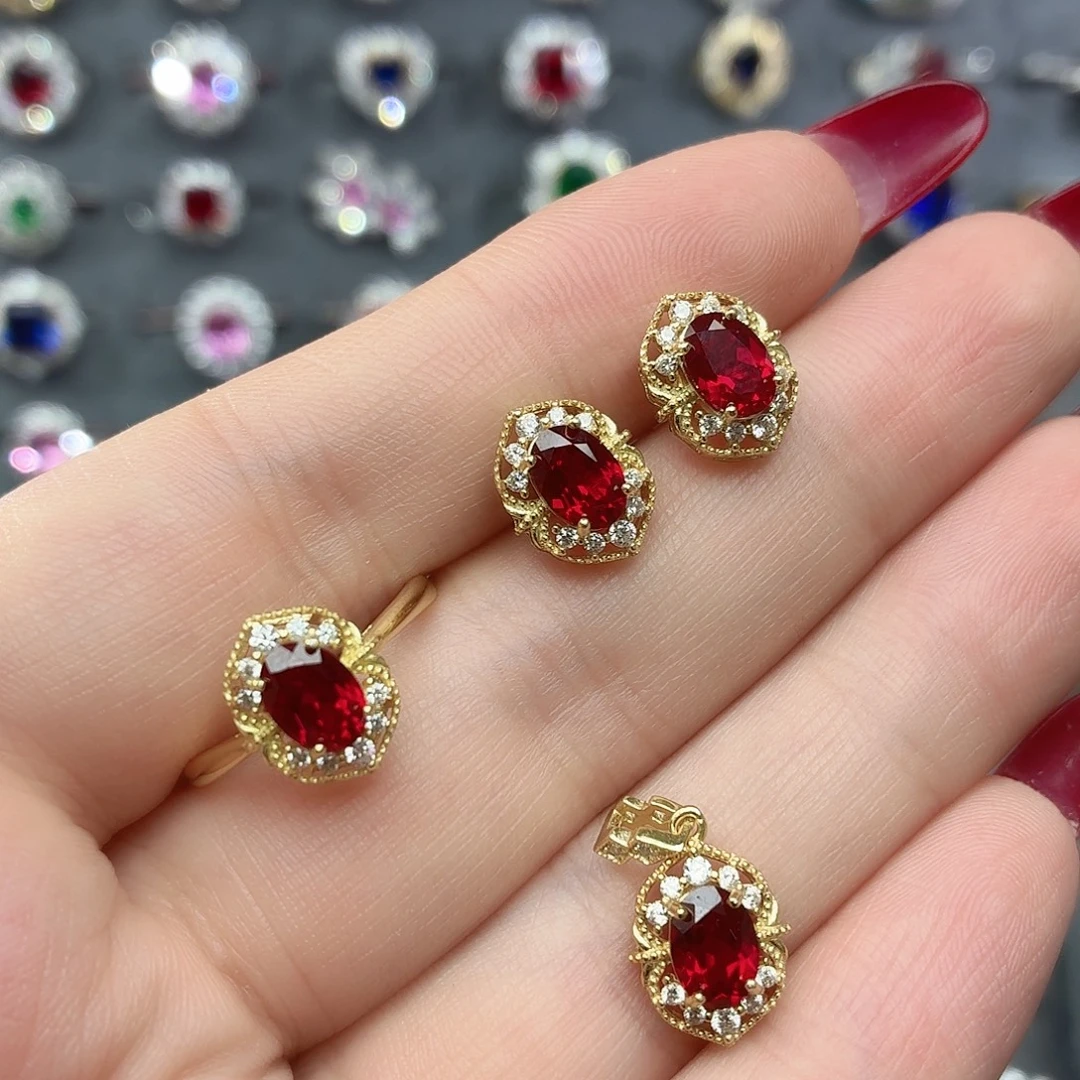 925银培育鸽血红色宝石套装（赠链）