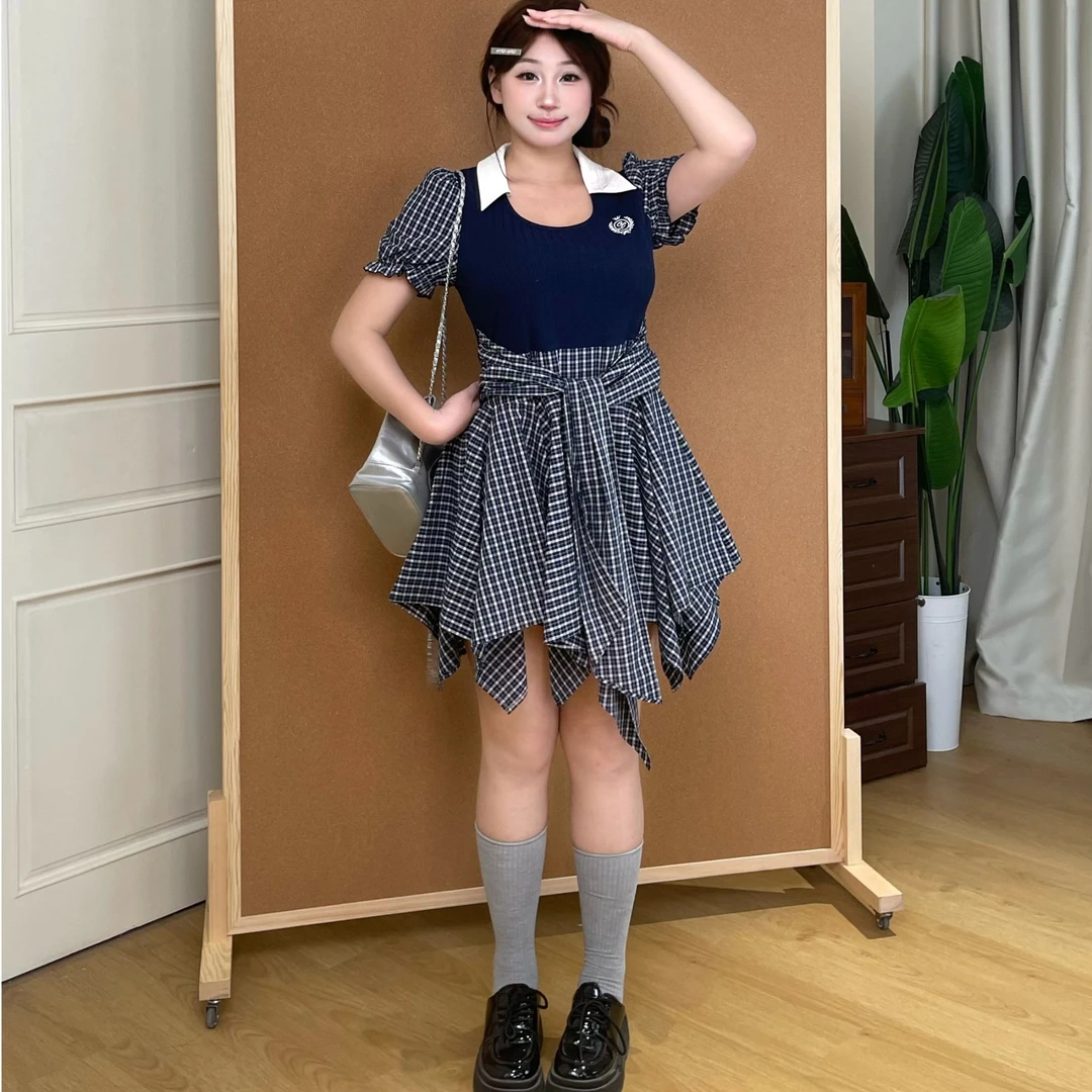 新款时尚拼接设计格子显瘦高腰假两件连衣裙A251Q0424