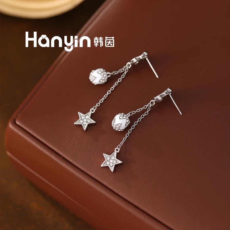 铜合金合成锆石耳饰 925银针设计师款重工五角星流苏双C耳钉AAA