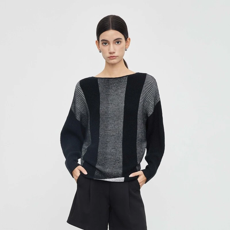 S·DEER圣迪奥女装圆领长袖时尚休闲百搭撞色宽松针织衫S23463505