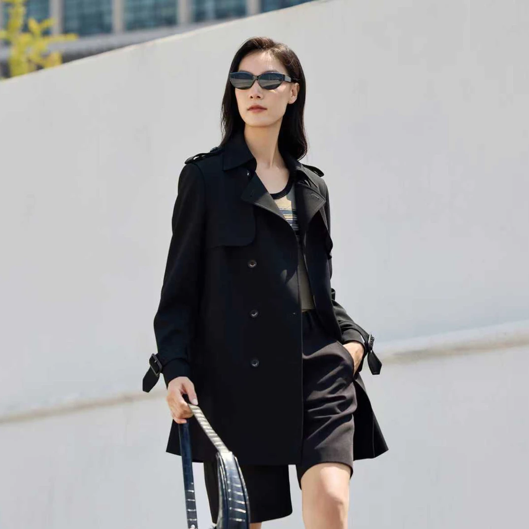 流行爆款黑色翻领短款风衣女高级感显瘦外套