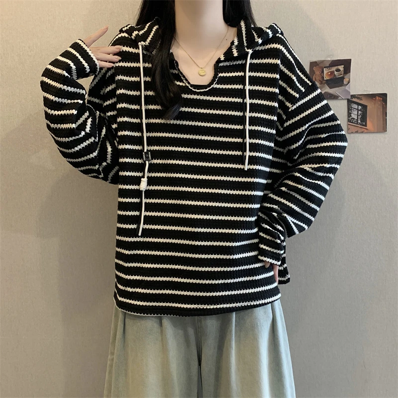 大码女装遮肚子条纹连帽长袖卫衣春秋新款慵懒风显瘦百搭洋气上衣