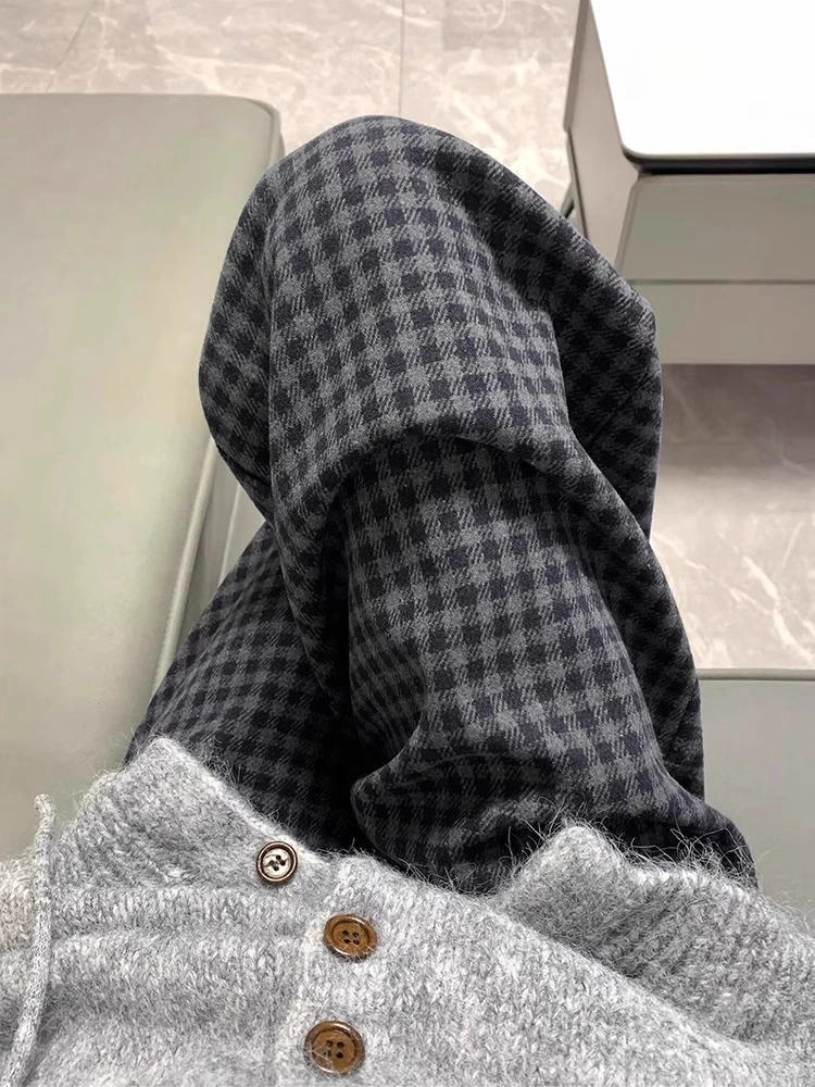黑灰色百搭加厚复古毛呢格子裤女冬季大码胖mm高腰宽松阔腿休闲裤