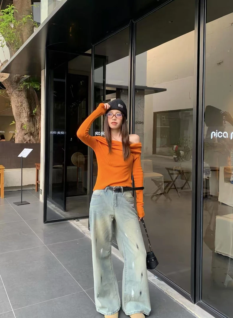 6681阔腿牛仔裤女春季新款涂鸦设计时髦显瘦潮