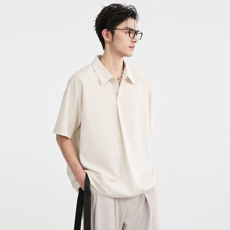 [亚麻衬衫领设计感]BJZE夏季宽松短袖polo衫韩版休闲T恤男J521170