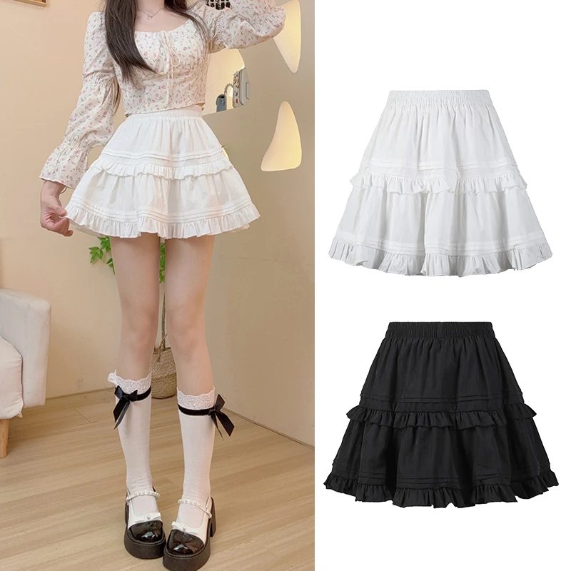 春季新款甜美松紧腰褶皱荷叶边半身裙高腰显瘦蓬蓬芭蕾风短裙白色