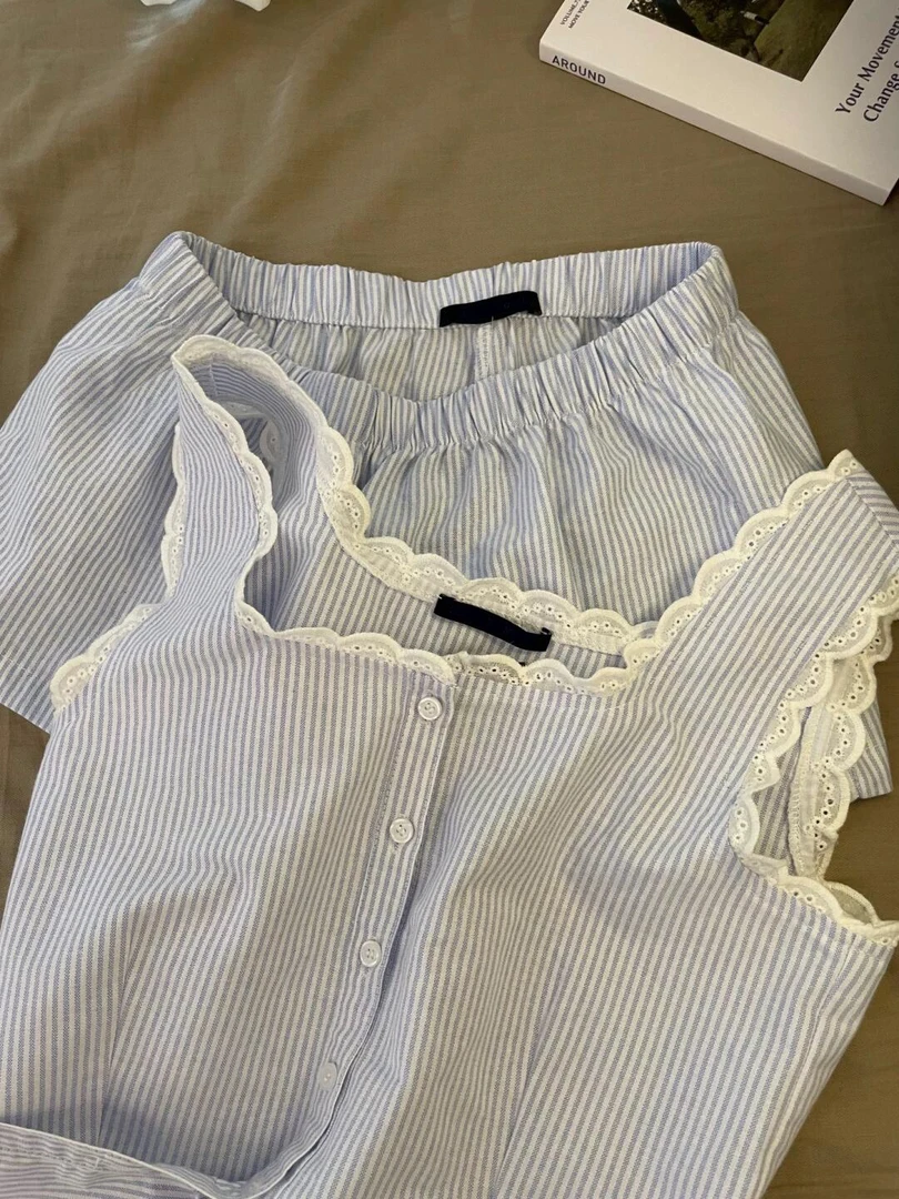 现货-纯欲风条纹花边吊带背心睡衣女夏简约设计大码家居服套装