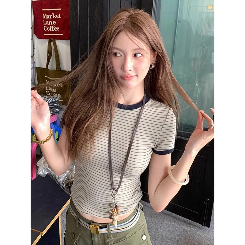 美式复古正肩撞色条纹圆领短袖T恤女夏季修身显瘦甜辣妹短款上衣