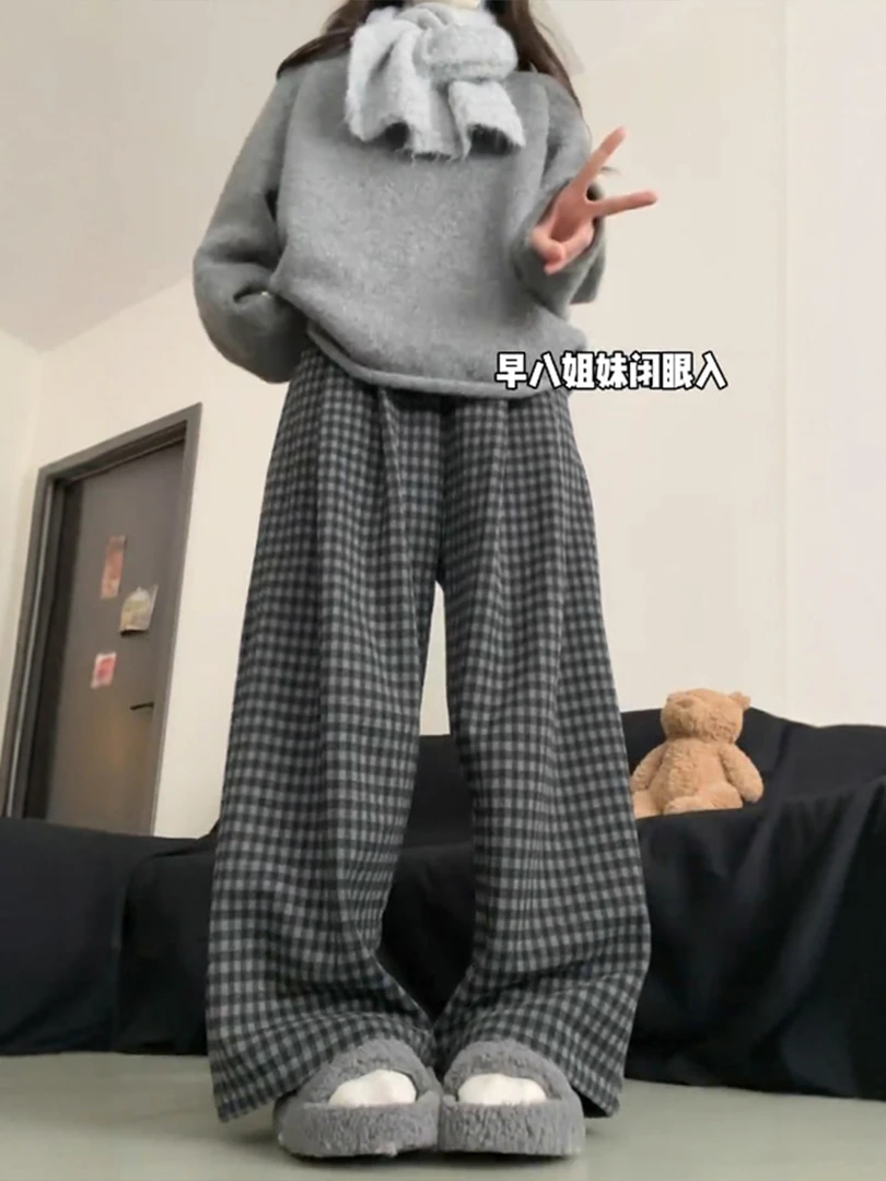 黑灰色毛呢格子裤女小个子秋季新款高腰显瘦直筒裤复古慵懒阔腿裤