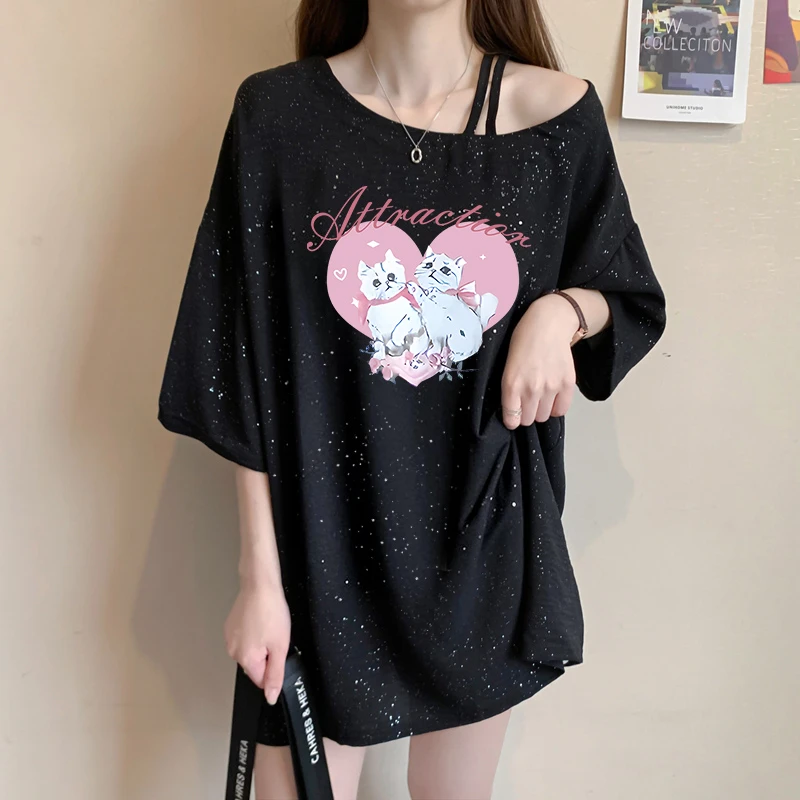 满天星斜领设计感短袖T恤女夏季韩版宽松中长款卡通印花休闲上衣